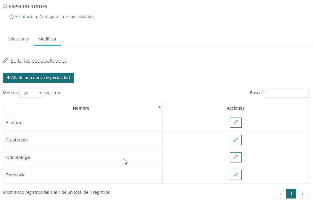 Creación y edición de especialidades sanitarias