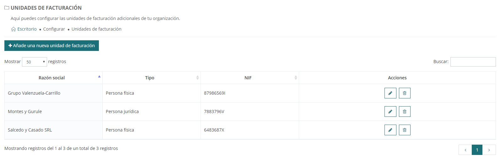 Creación y edición de unidades de facturación